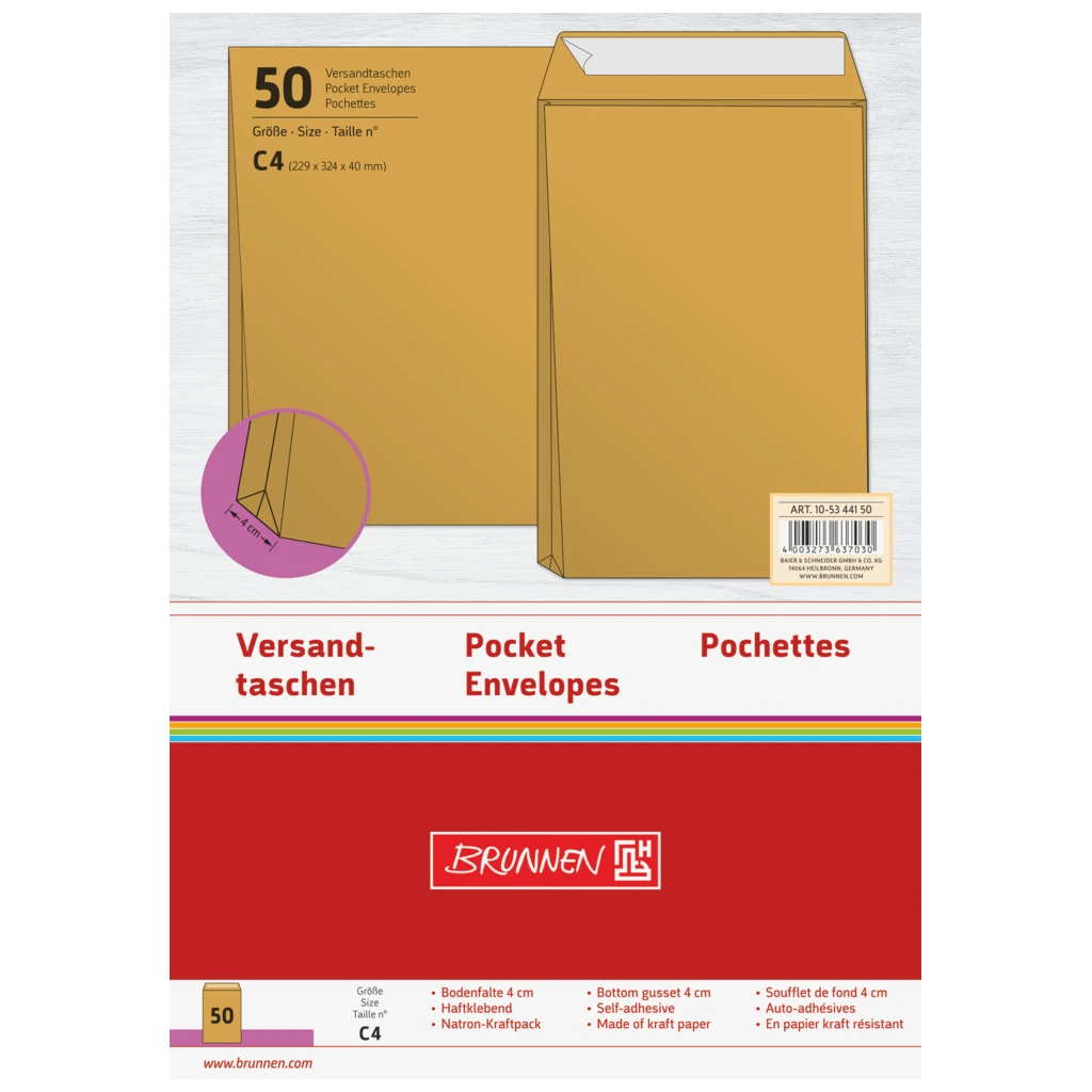 Versandtaschen mit Faltboden | 229×324 mm, C4, braun, 50 Stück