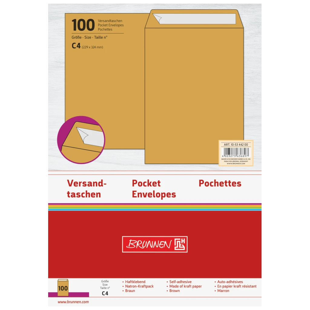 Versandtaschen | 229×324 mm, C4, 90 g/m², braun, 100 Stück
