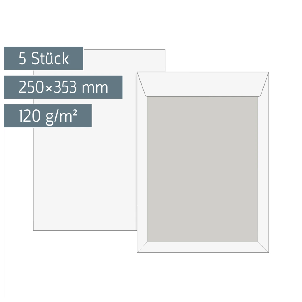 Versandtaschen mit Kartonrückwand | 250×353 mm, B4, 120 g/m², weiß, 5 Stück