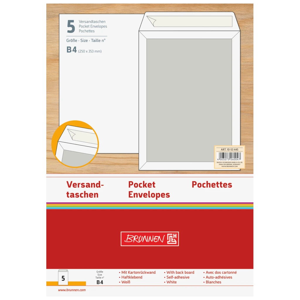 Versandtaschen mit Kartonrückwand | B4, weiß, 5 Stück