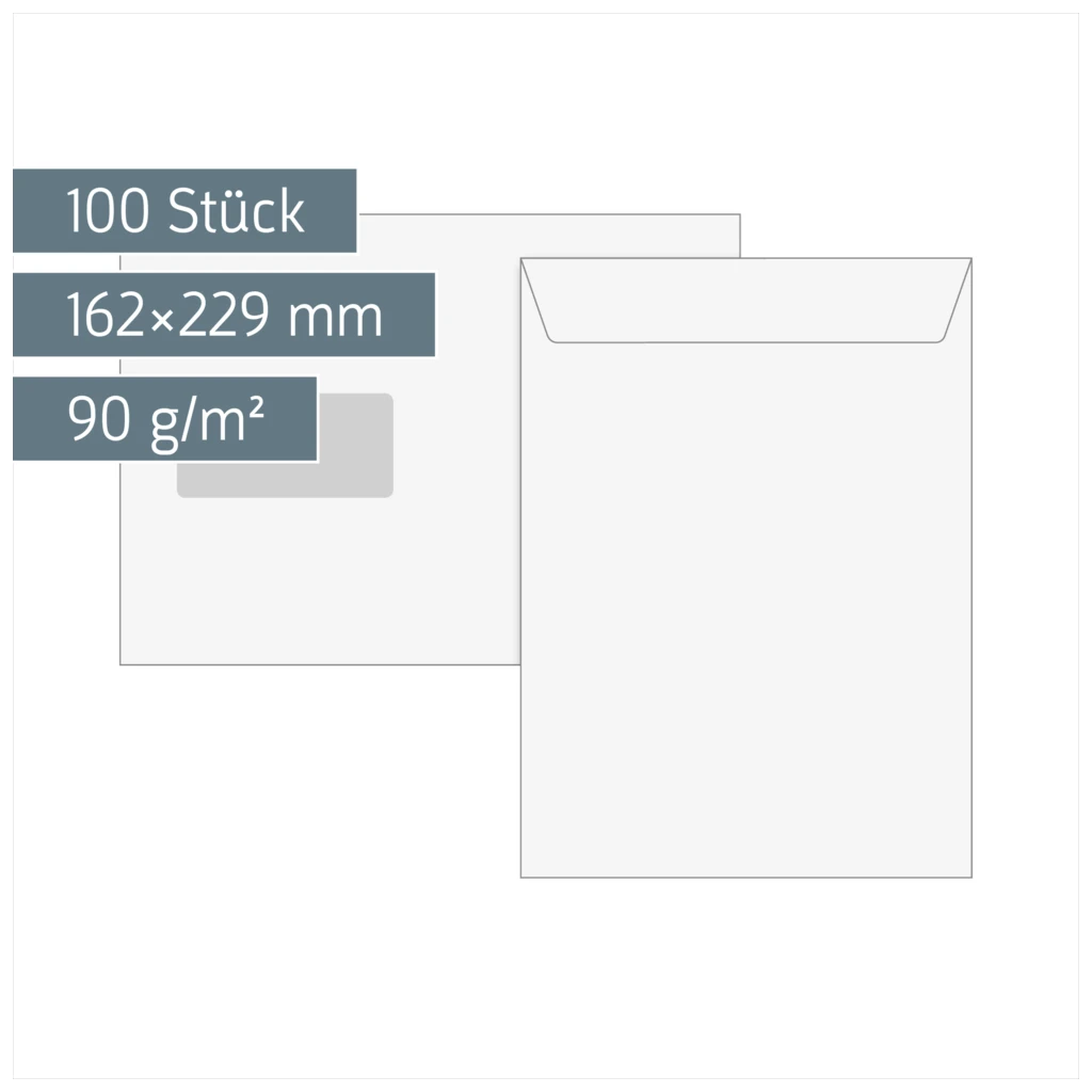 Versandtaschen mit Fenster | 162×229 mm, C5, 90 g/m², weiß, 100 Stück