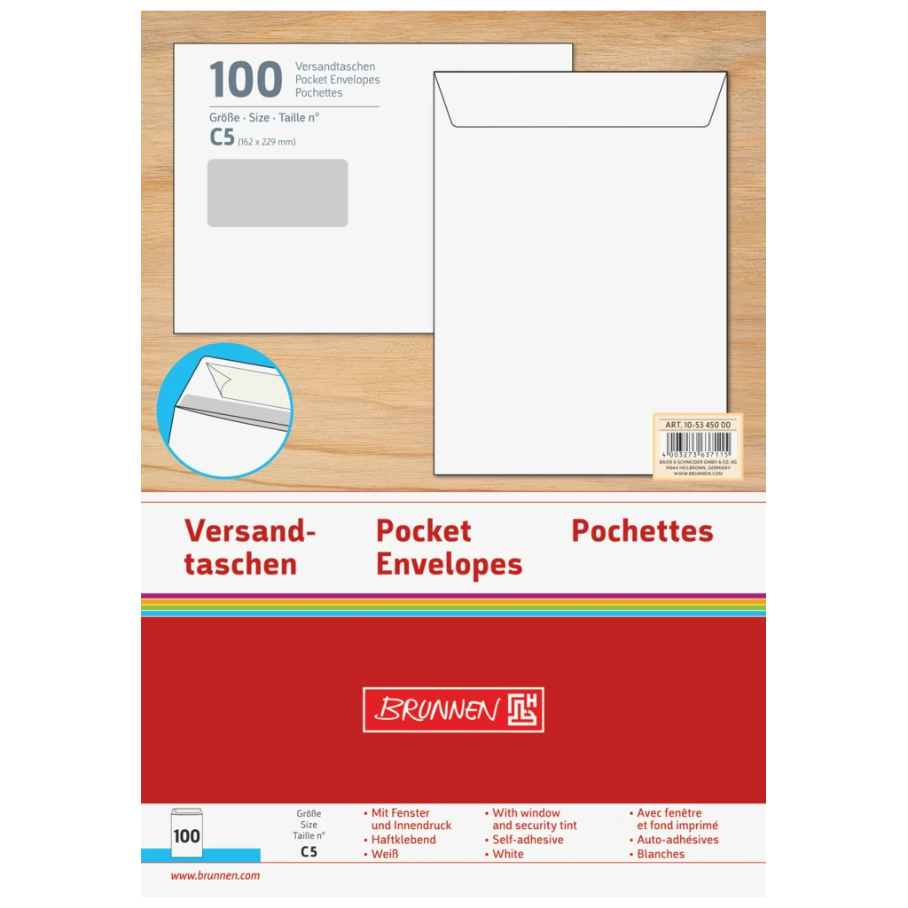 Versandtaschen mit Fenster | 162×229 mm, C5, 90 g/m², weiß, 100 Stück