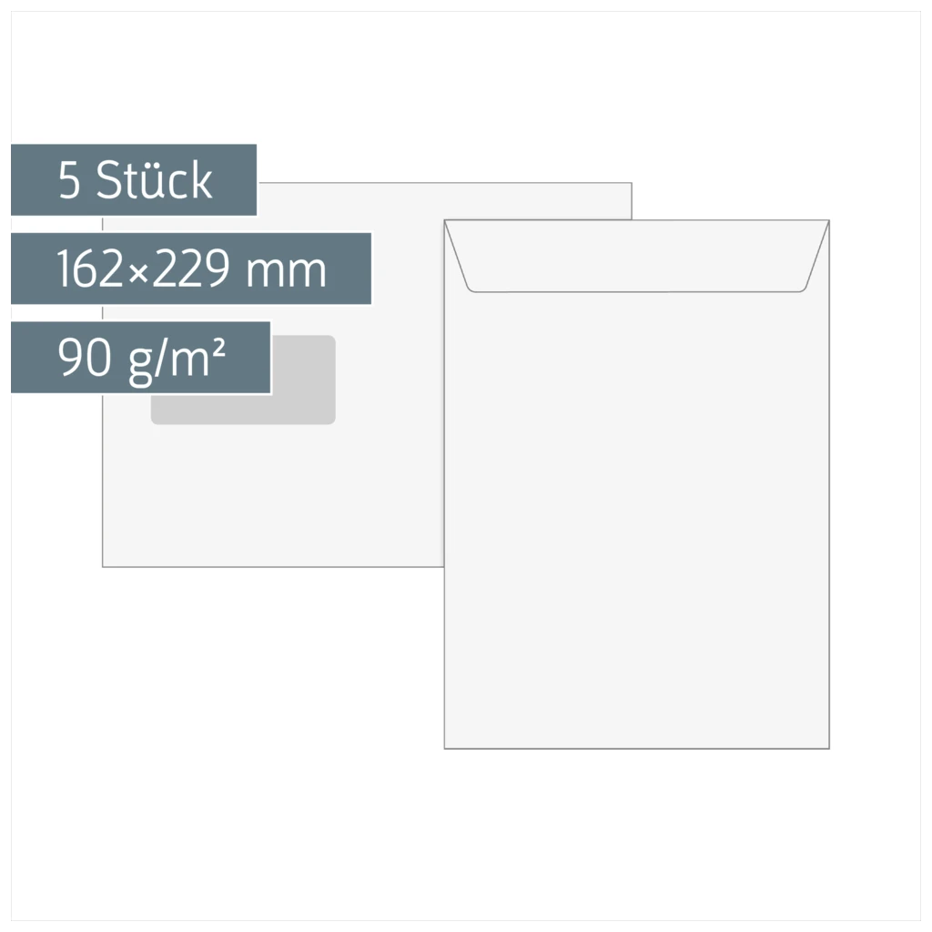 Versandtaschen mit Fenster | 162×229 mm, C5, 90 g/m², weiß, 5 Stück