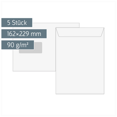 Versandtaschen mit Fenster | 162×229 mm, C5, 90 g/m², weiß, 5 Stück