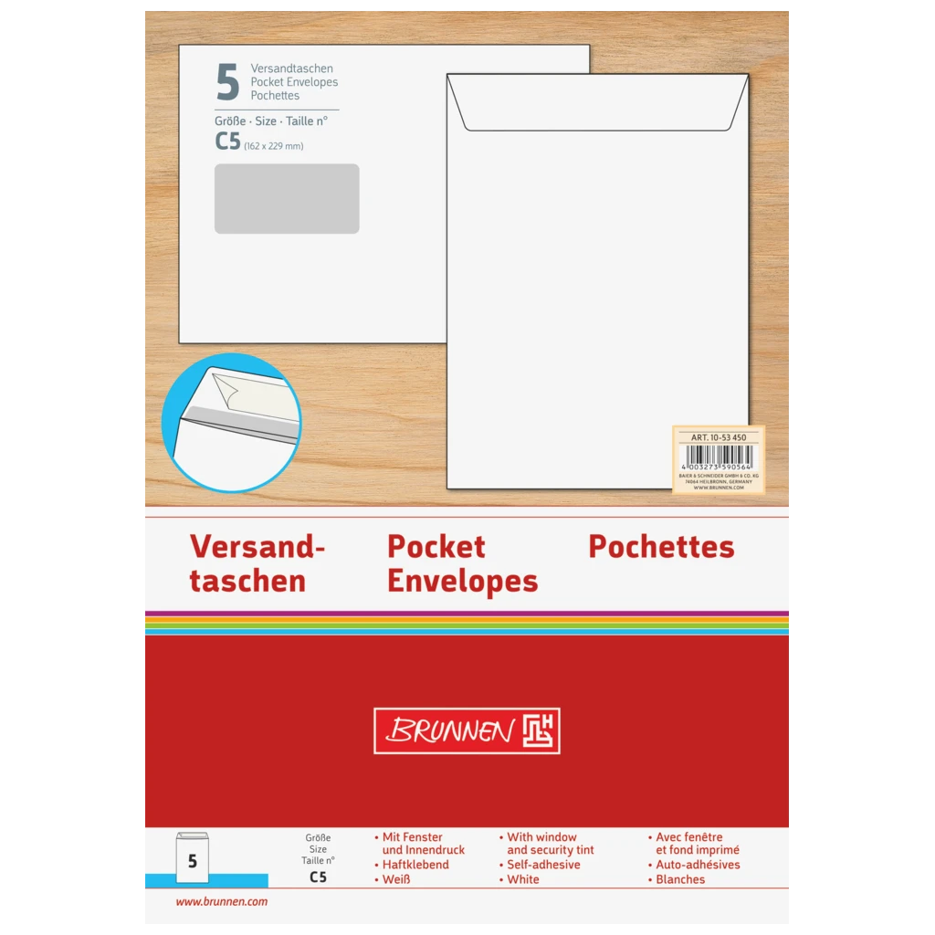 Versandtaschen mit Fenster | 162×229 mm, C5, 90 g/m², weiß, 5 Stück