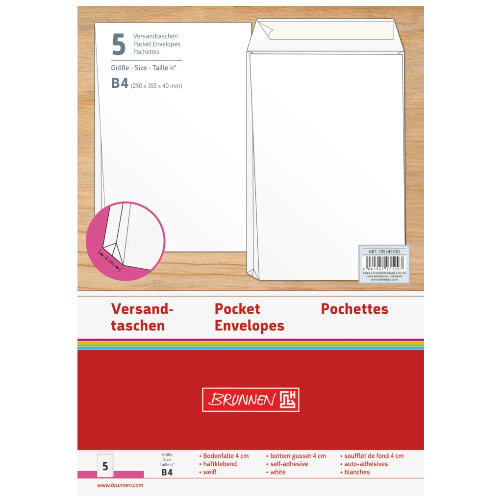 Versandtaschen mit Faltboden | 250 mm, B4, 120 g/m², weiß, 5 Stück