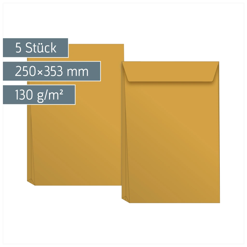 Versandtaschen mit Faltboden | 250×353 mm, B4, 130 g/m², braun, 5 Stück