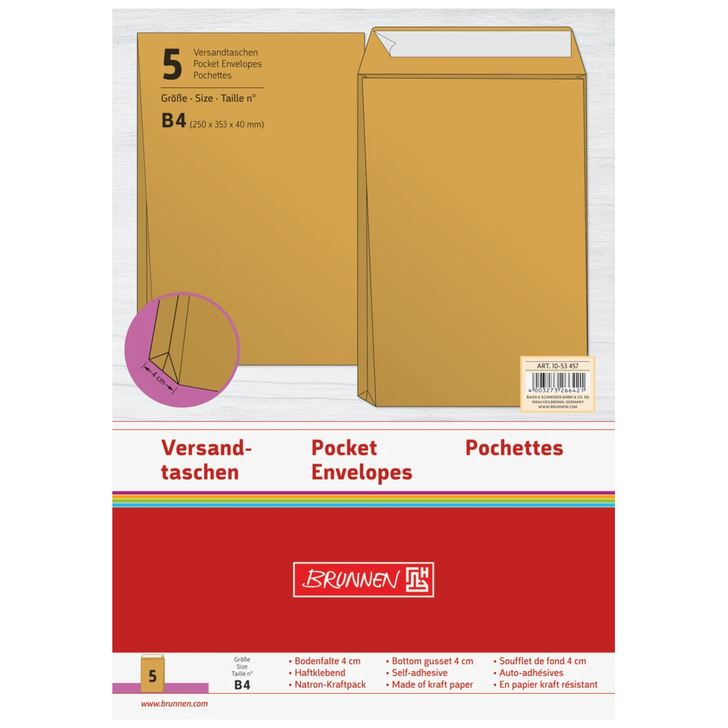 Versandtaschen mit Faltboden | 250×353 mm, B4, 130 g/m², braun, 5 Stück