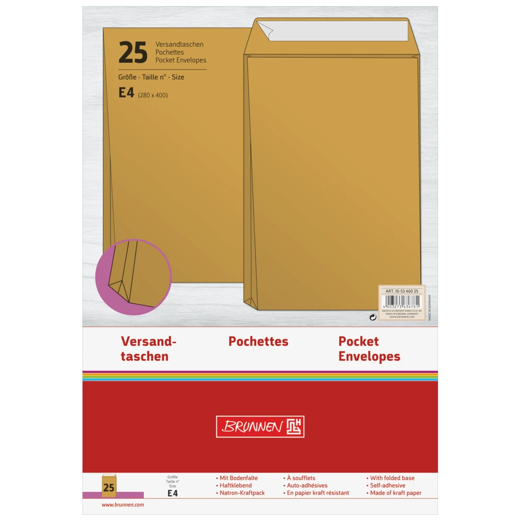 Versandtaschen mit Faltboden | 280×400 mm, E4, 150 g/m², braun, 25 Stück