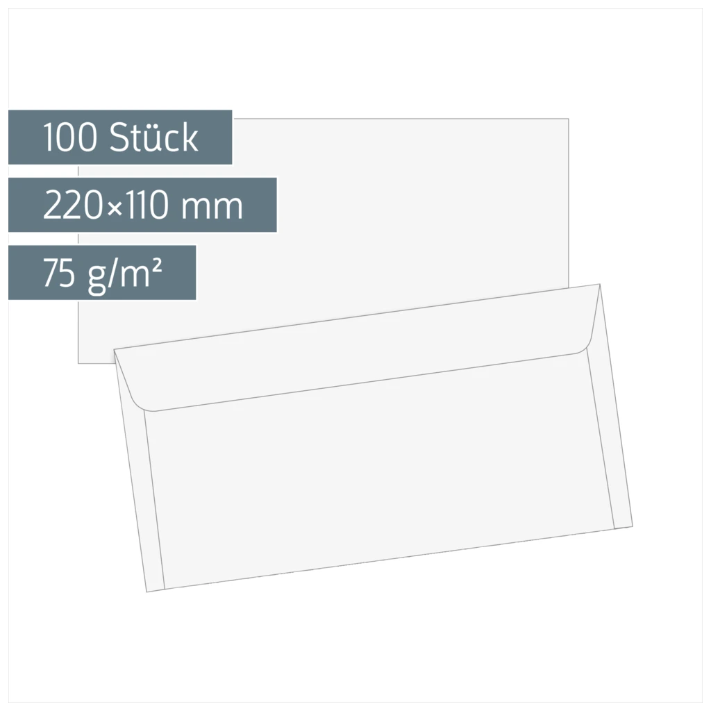 Briefumschläge | 220×110 mm, DIN lang, 75 g/m², weiß, 100 Stück