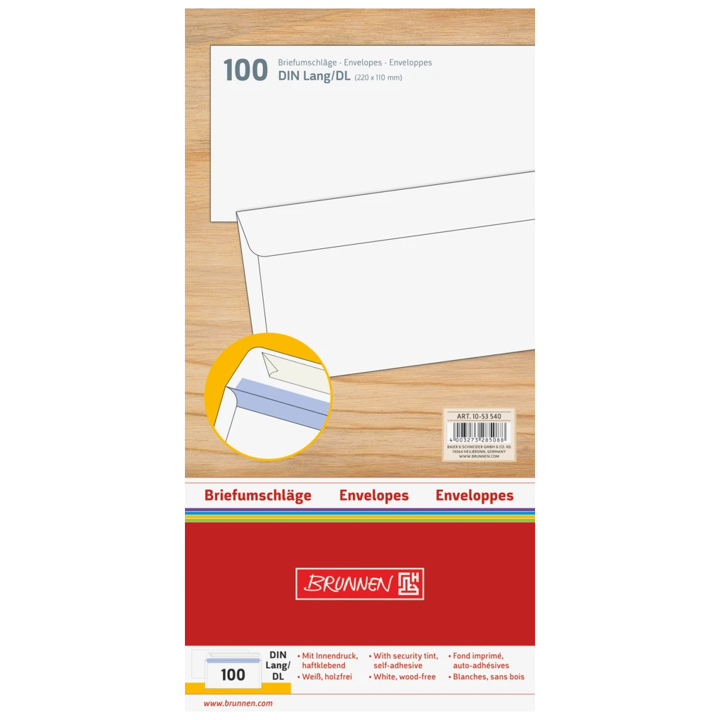Briefumschläge | 220×110 mm, DIN lang, 75 g/m², weiß, 100 Stück