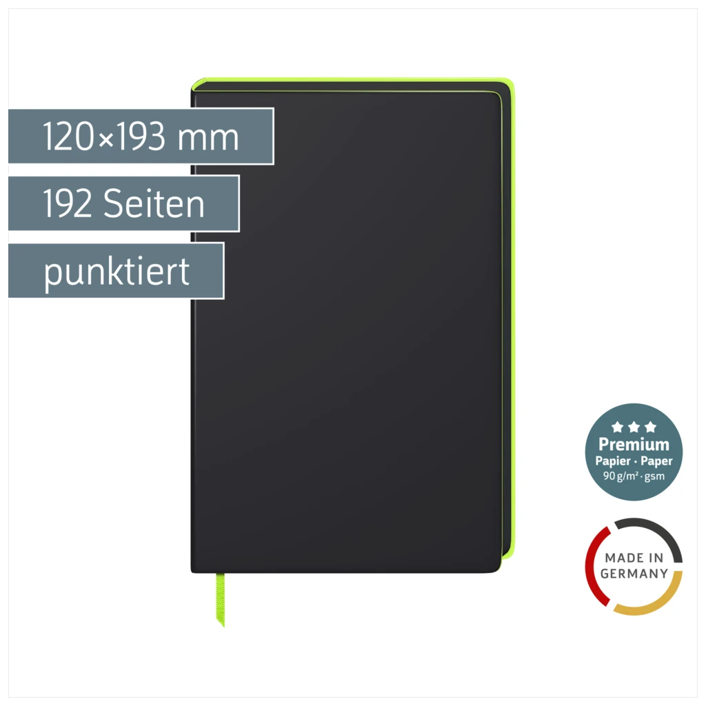 Notizbuch Premium „Neon“ | A5, punktiert, neongrün/schwarz