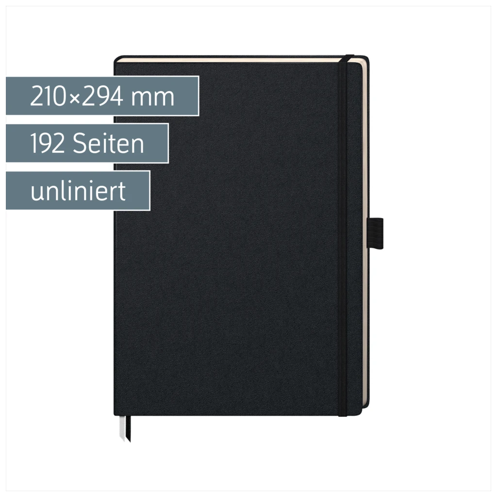 Notizbuch Kompagnon Klassik | A4, unliniert, Gummizugverschluss, schwarz
