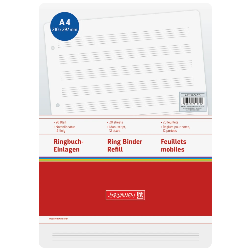 Ringbucheinlagen | A4, Notenlineatur 12-linig, weiß, 20 Blatt