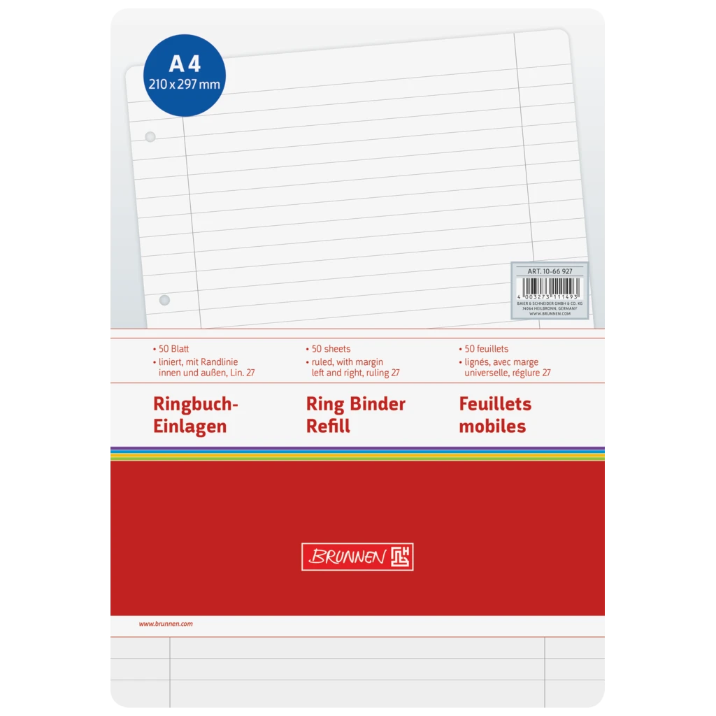 Ringbucheinlagen | A4, liniert mit Randlinie innen und außen, weiß, 50 Blatt