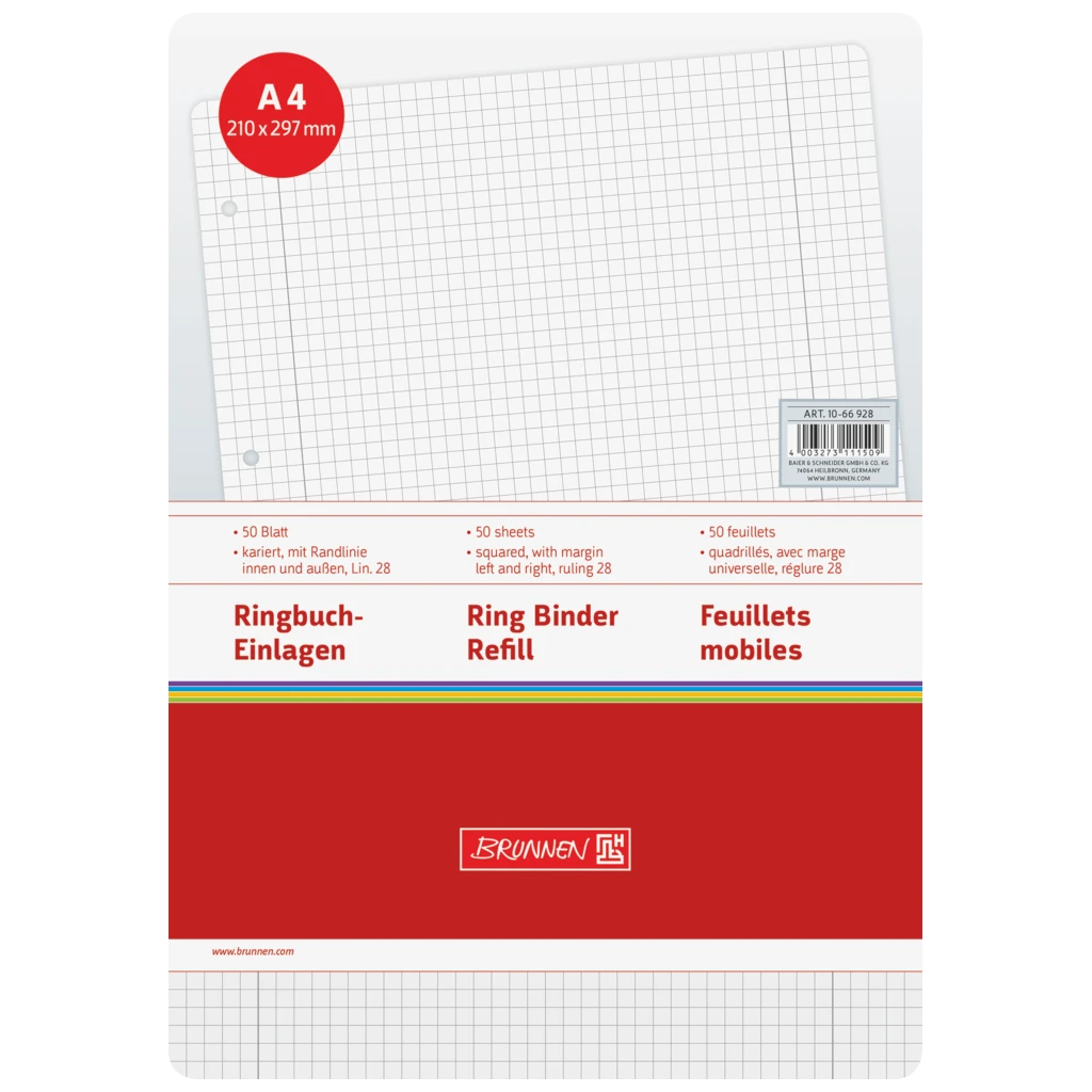 Ringbucheinlagen | A4, 5 mm kariert mit Randlinie innen und außen, weiß, 50 Blatt