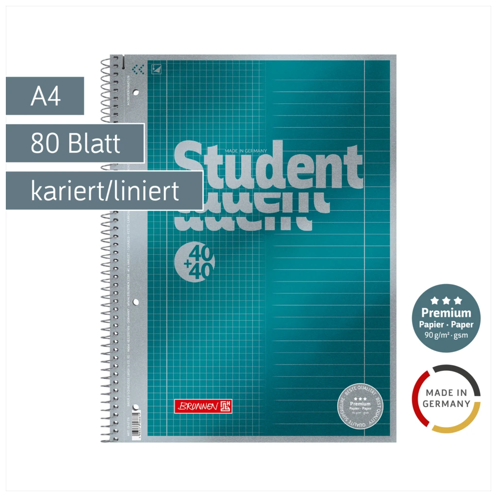 Collegeblock Premium Student „DUO“ | A4, kariert/liniert, 80 Blatt, petrol