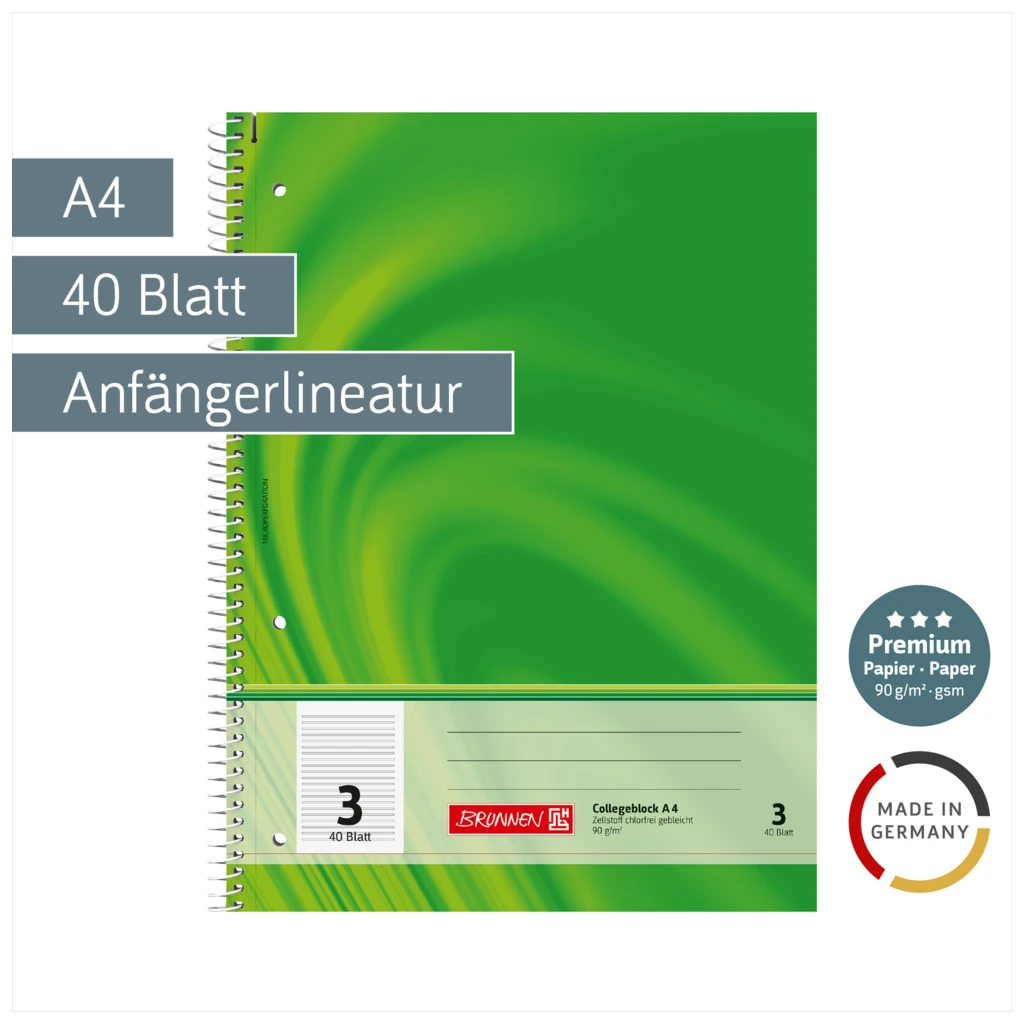 Collegeblock Premium Vivendi | A4, Lineatur 3, 40 Blatt, grün