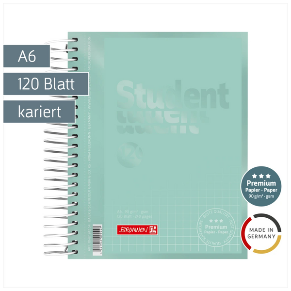 Collegeblock Premium Student Colour Code | A6, kariert, 120 Blatt, mint