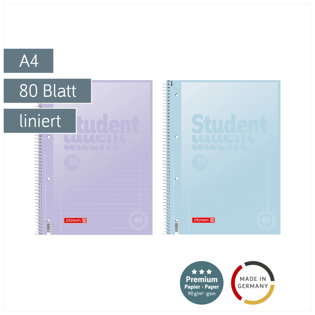 Collegeblock Premium Student „Pastell 2“ | A4, Lineatur 27, 80 Blatt, sortiert