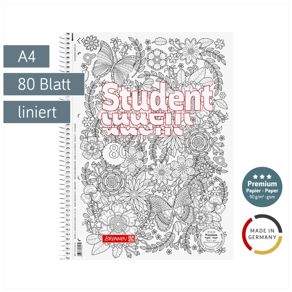 Collegeblock Premium Student „Schmetterling“ ZENart | A4, Lineatur 27, 80 Blatt, weiß