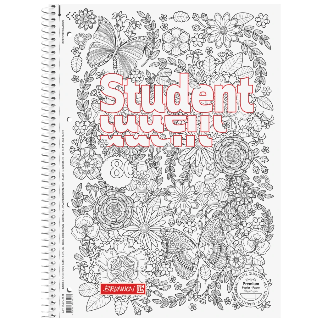 Collegeblock Premium Student „Schmetterling“ ZENart | A4, Lineatur 27, 80 Blatt, weiß