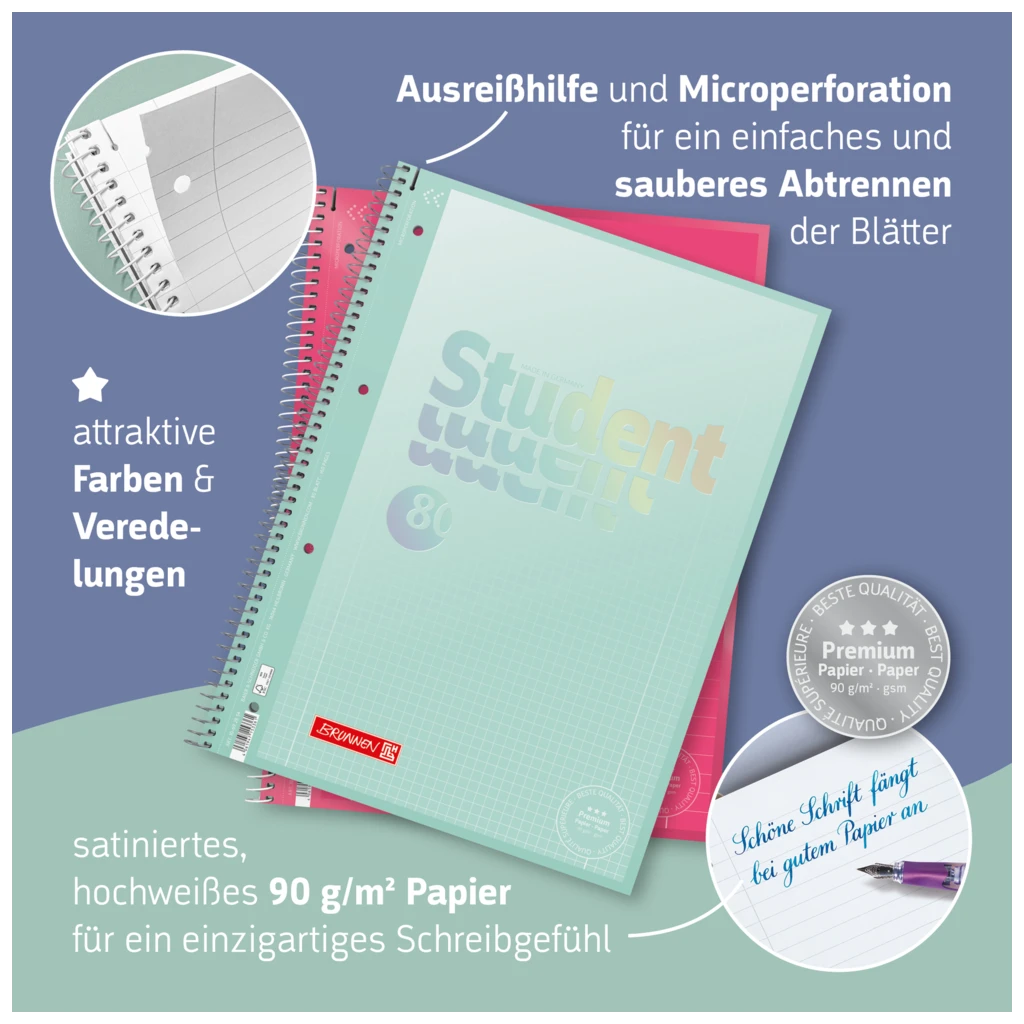Collegeblock Premium Student „Schmetterling“ ZENart | A4, Lineatur 27, 80 Blatt, weiß