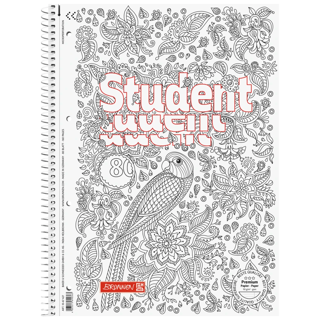 Collegeblock Premium Student „Papagei“ ZENart | A4, Lineatur 27, 80 Blatt, weiß