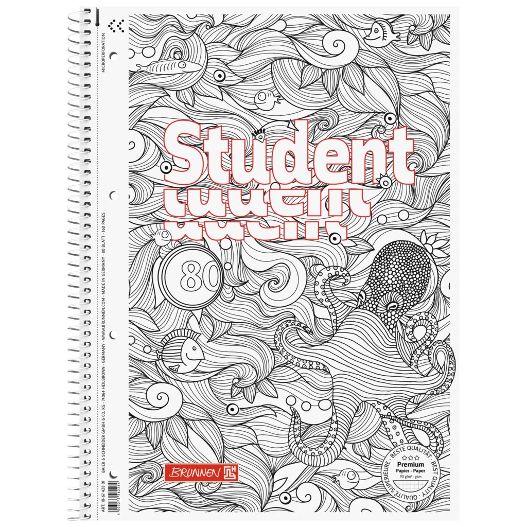 Collegeblock Premium Student „Krake“ ZENart | A4, Lineatur 28, 80 Blatt, weiß