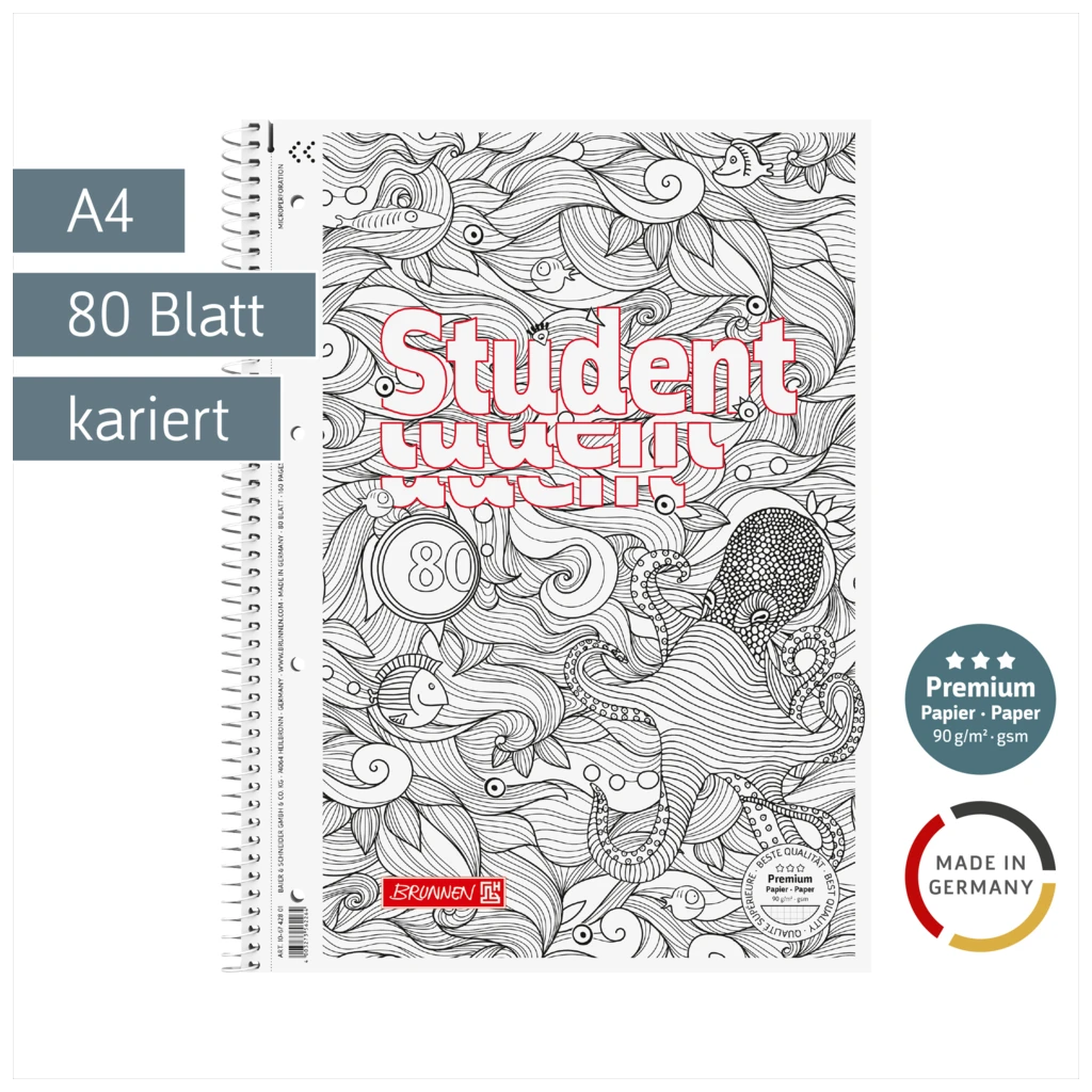 Collegeblock Premium Student „Krake“ ZENart | A4, Lineatur 28, 80 Blatt, weiß