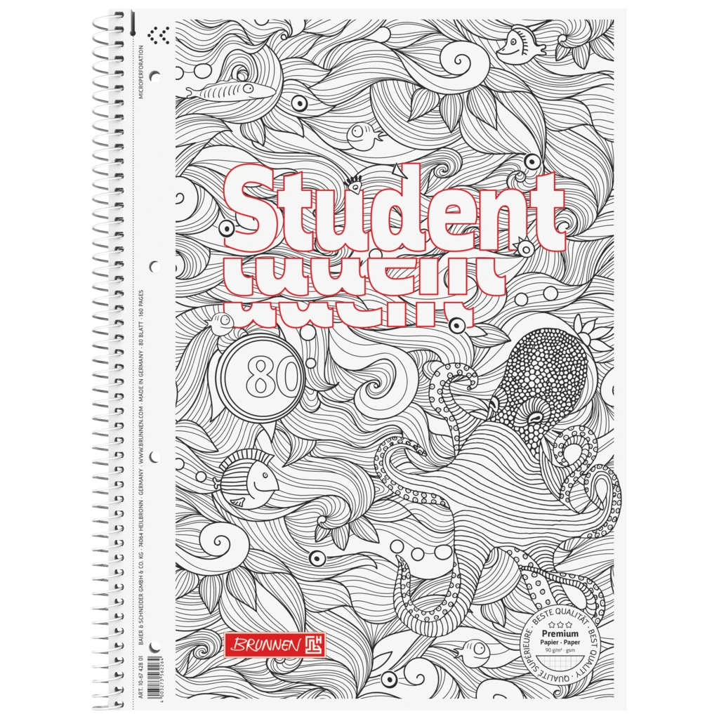 Collegeblock Premium Student „Krake“ ZENart | A4, Lineatur 28, 80 Blatt, weiß