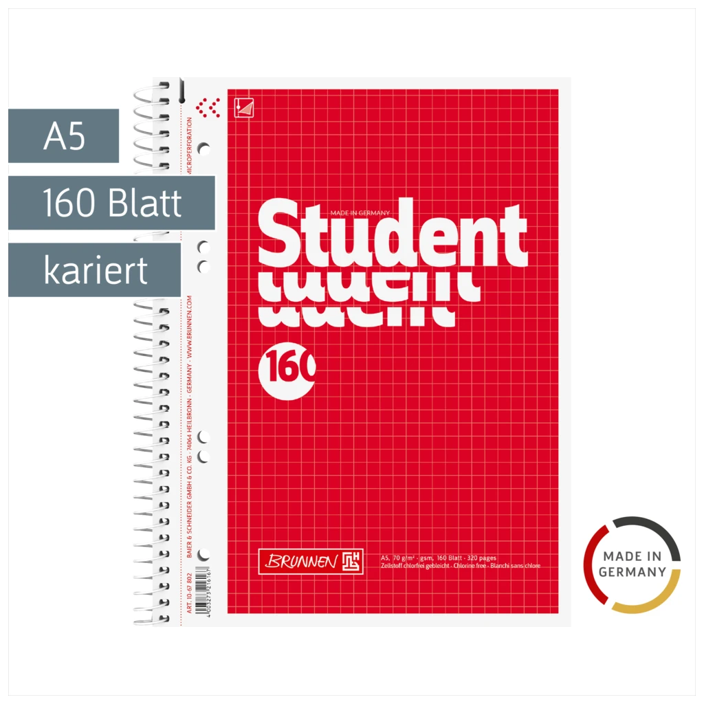 Collegeblock Student | A5, Lineatur 5, 160 Blatt, rot