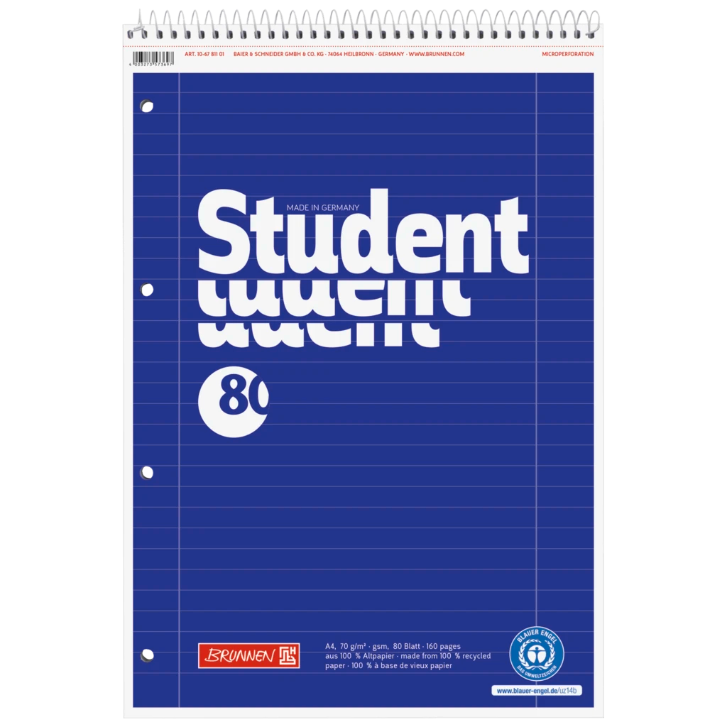 Collegeblock Student Recycling Spirale oben | A4, Lineatur 27, 80 Blatt, blau