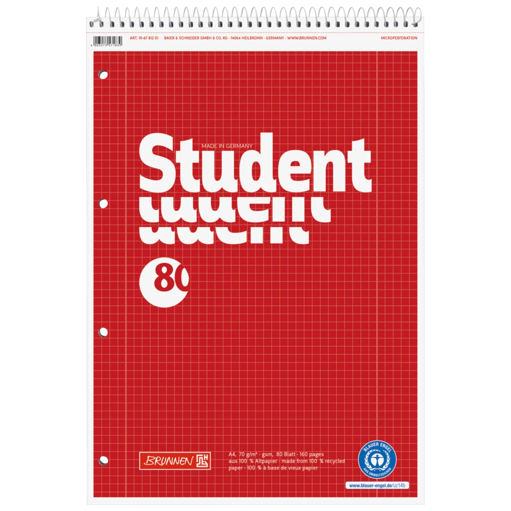 Collegeblock Student Recycling Spirale oben | A4, Lineatur 28, 80 Blatt, rot