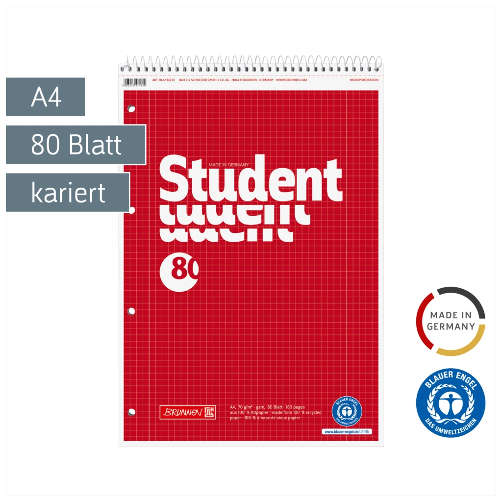 Collegeblock Student Recycling Spirale oben | A4, Lineatur 28, 80 Blatt, rot