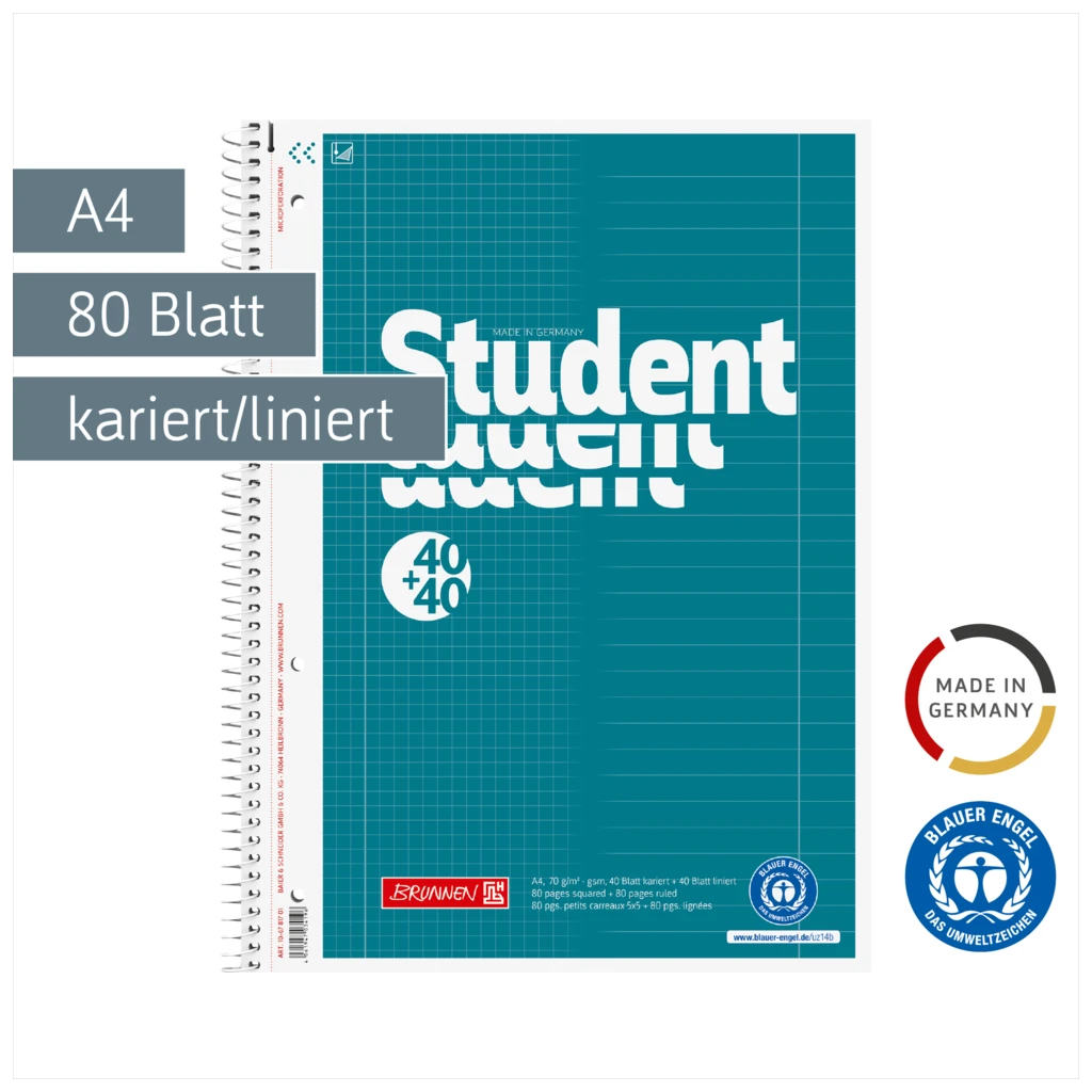 Collegeblock Student „DUO“ Recycling | A4, kariert/liniert, 80 Blatt, petrol
