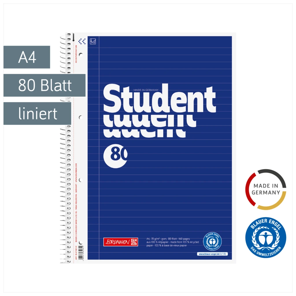 Collegeblock Student Recycling | A4, Lineatur 21, 80 Blatt, blau
