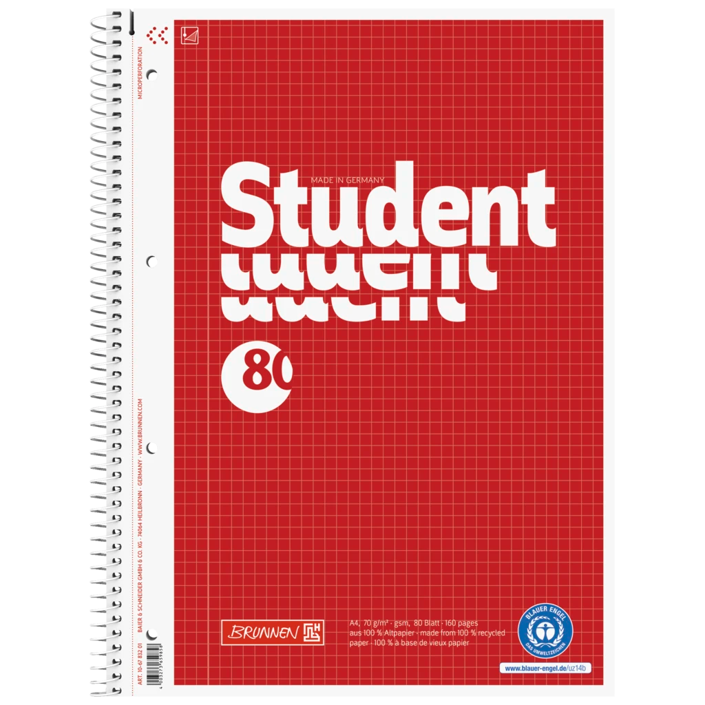 Collegeblock Student Recycling | A4, Lineatur 22, 80 Blatt, rot