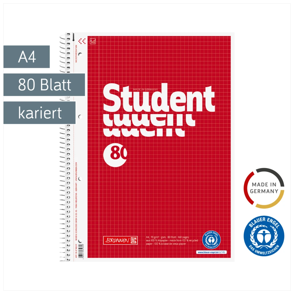 Collegeblock Student Recycling | A4, Lineatur 22, 80 Blatt, rot