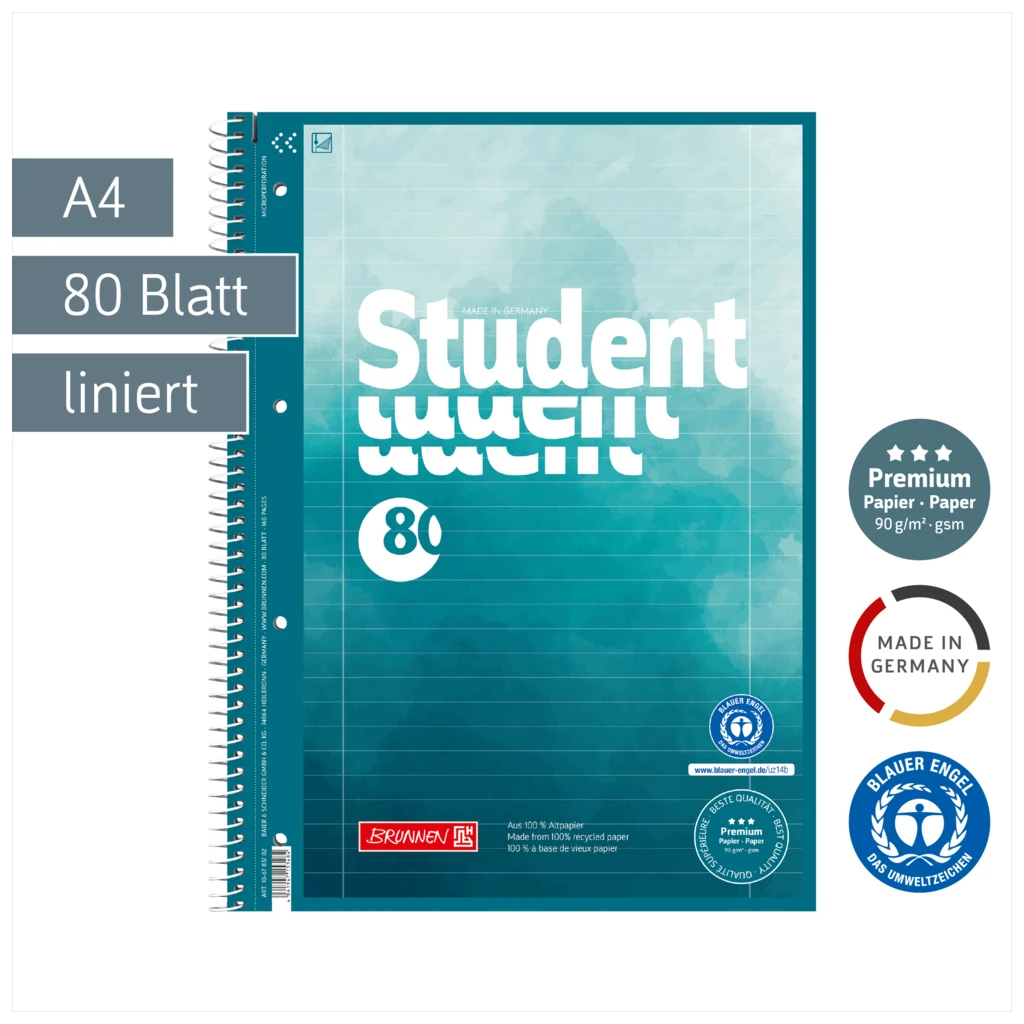 Collegeblock Premium Student Recycling | A4, Lineatur 27, 80 Blatt, blau/mehrfarbig
