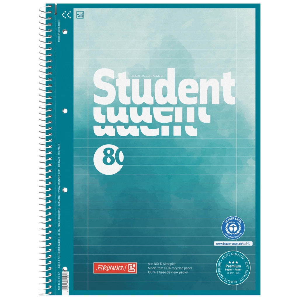 Collegeblock Premium Student Recycling | A4, Lineatur 27, 80 Blatt, blau/mehrfarbig