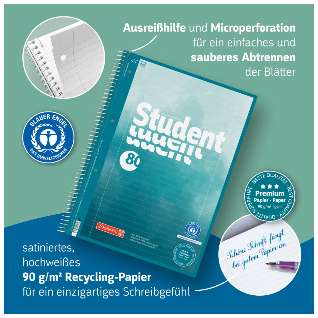 Collegeblock Premium Student Recycling | A4, Lineatur 27, 80 Blatt, blau/mehrfarbig