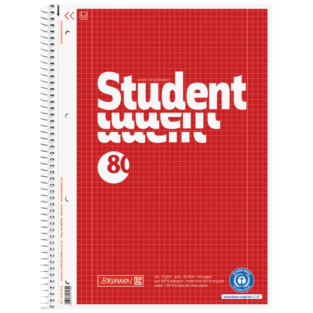 Collegeblock Student Recycling | A4, Lineatur 28, 80 Blatt, rot