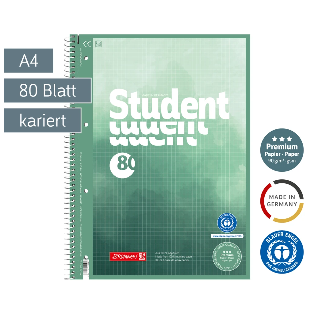 Collegeblock Premium Student Recycling | A4, Lineatur 28, 80 Blatt, grün/mehrfarbig