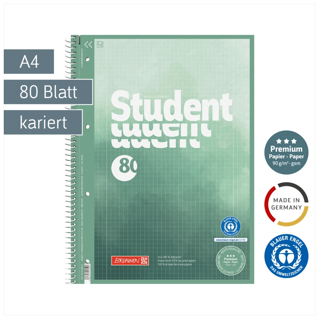 Collegeblock Premium Student Recycling | A4, Lineatur 28, 80 Blatt, grün/mehrfarbig