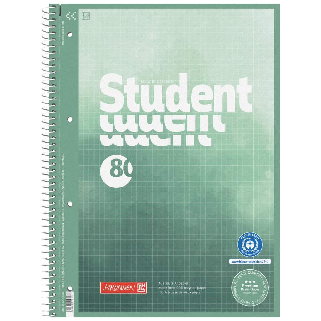 Collegeblock Premium Student Recycling | A4, Lineatur 28, 80 Blatt, grün/mehrfarbig