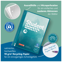 Collegeblock Student Recycling | A4, Lineatur 28, 80 Blatt, grün/mehrfarbig