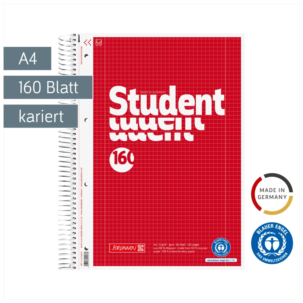 Collegeblock Student Recycling | A4, Lineatur 28, 160 Blatt, rot