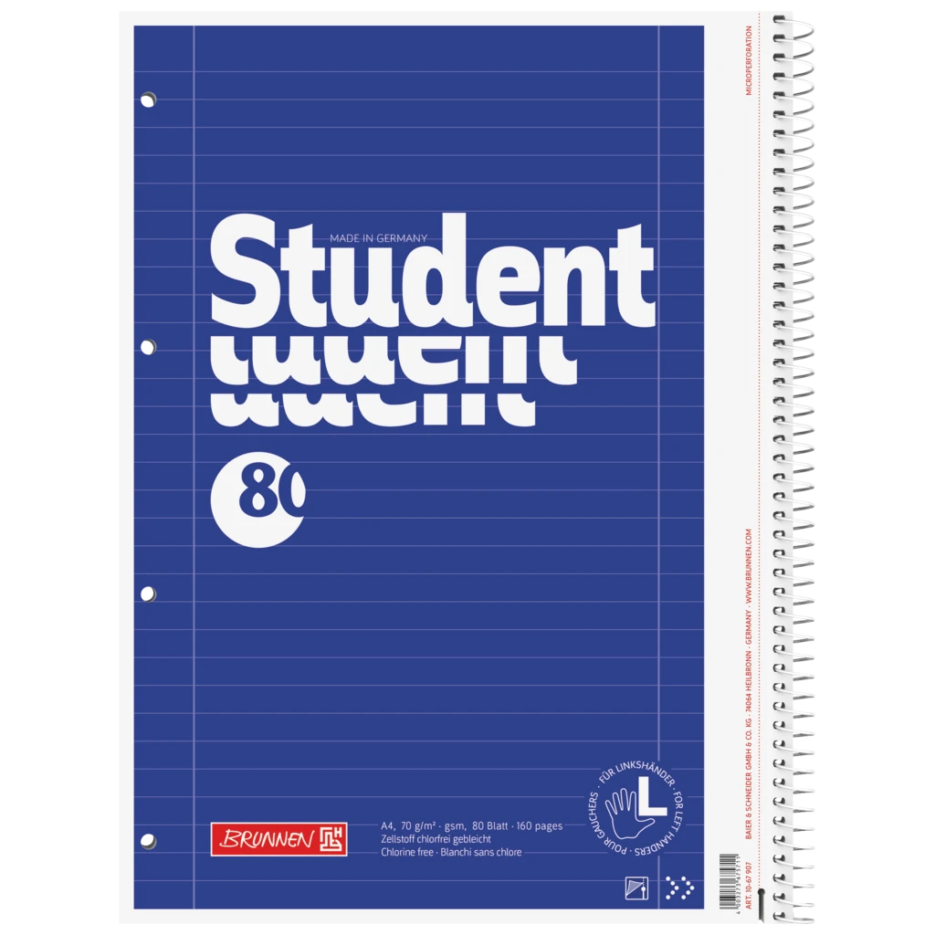 Collegeblock Student Linkshänder | A4, Lineatur 27, 80 Blatt, blau