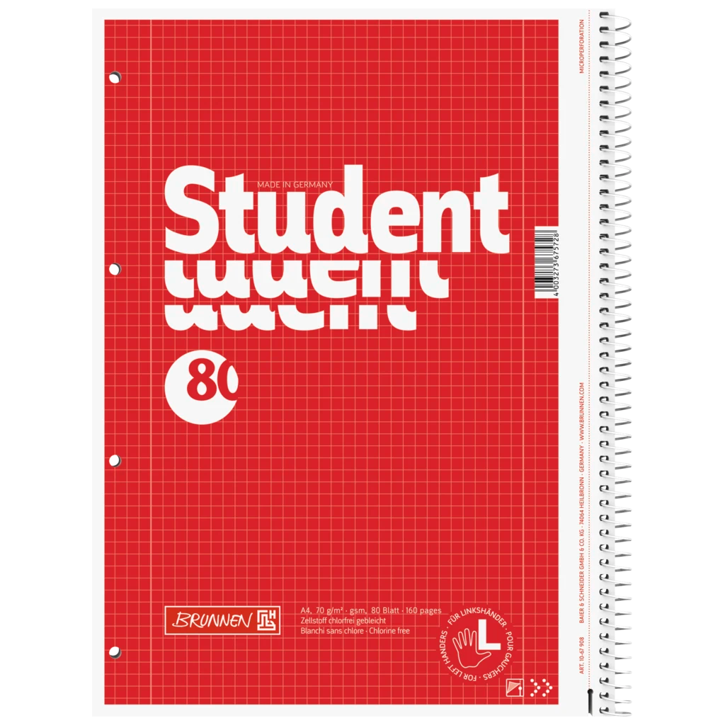 Collegeblock Student Linkshänder | A4, Lineatur 28, 80 Blatt, rot